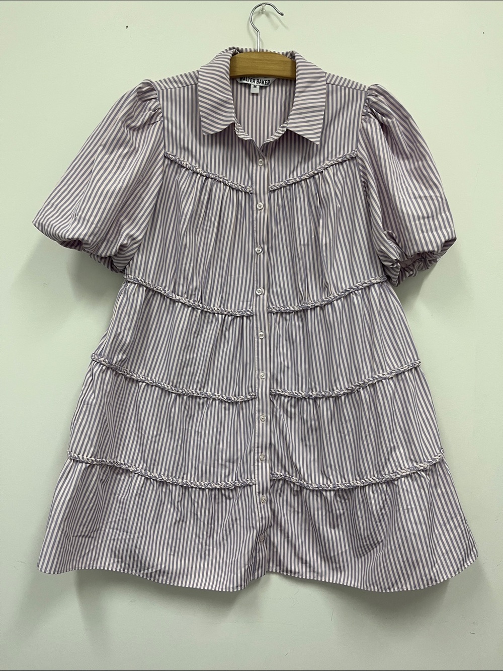 Walter Baker Lavender and White Striped Tiered Puff-Sleeve Dress size M